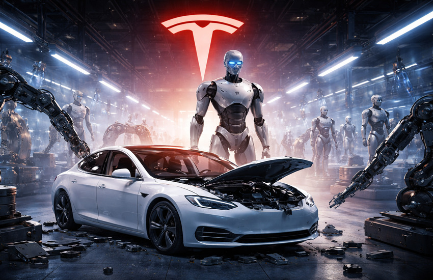 Futuristic Tesla factory showing robots surrounding a dismantled electric car, symbolizing shift from EVs to robotics and automation