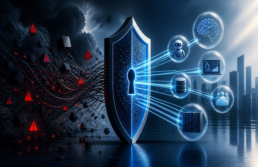 AI cybersecurity control layer shielding enterprise systems from chaotic AI threats and fragmented data flows