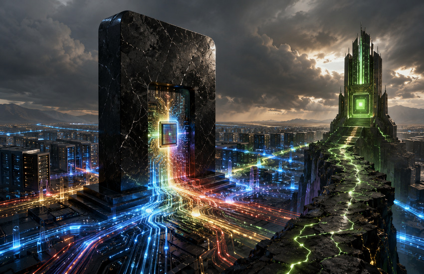 Metaphorical AI infrastructure image showing Blackstone-backed compute networks challenging Nvidia’s chip dominance through Google TPU expansion.