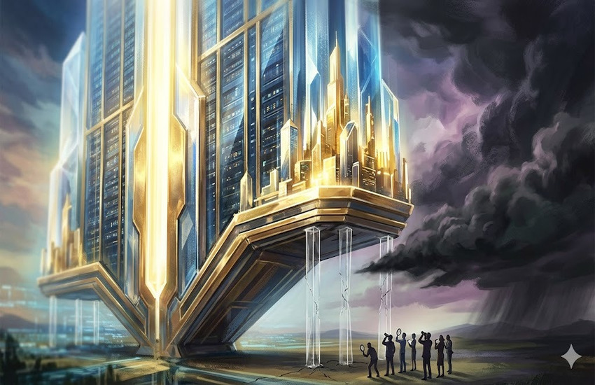 Metaphorical image of a futuristic AI infrastructure tower facing dark storm clouds, representing Dell’s margin risk.