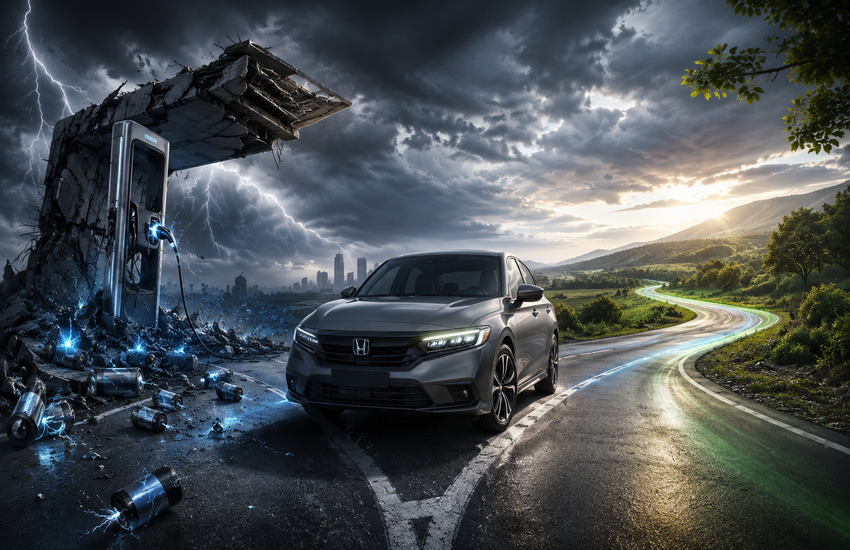 Honda-style car at a crossroads between a damaged EV charging station and a brighter hybrid recovery road.