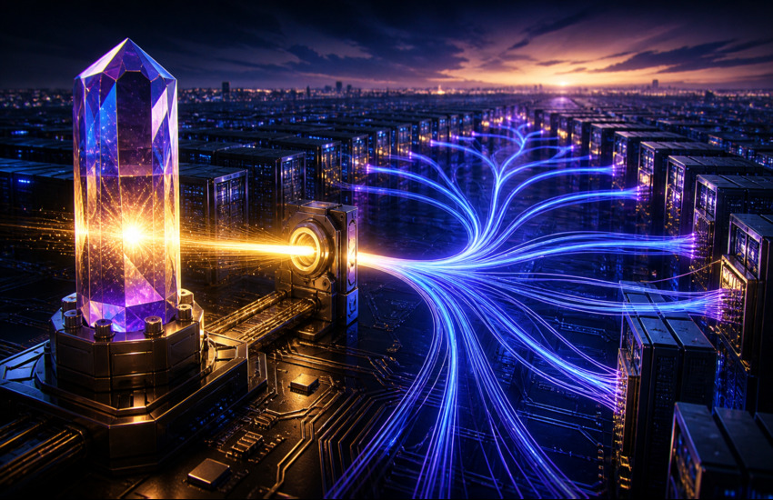 Metaphorical image of optical lasers powering AI data centers through a scarce photonics bottleneck.