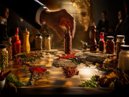 Spice jars and condiments arranged like boardroom strategy pieces, symbolizing McCormick’s activist pressure and Unilever Foods deal.