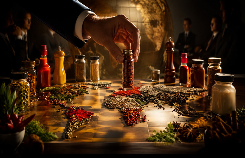 Spice jars and condiments arranged like boardroom strategy pieces, symbolizing McCormick’s activist pressure and Unilever Foods deal.
