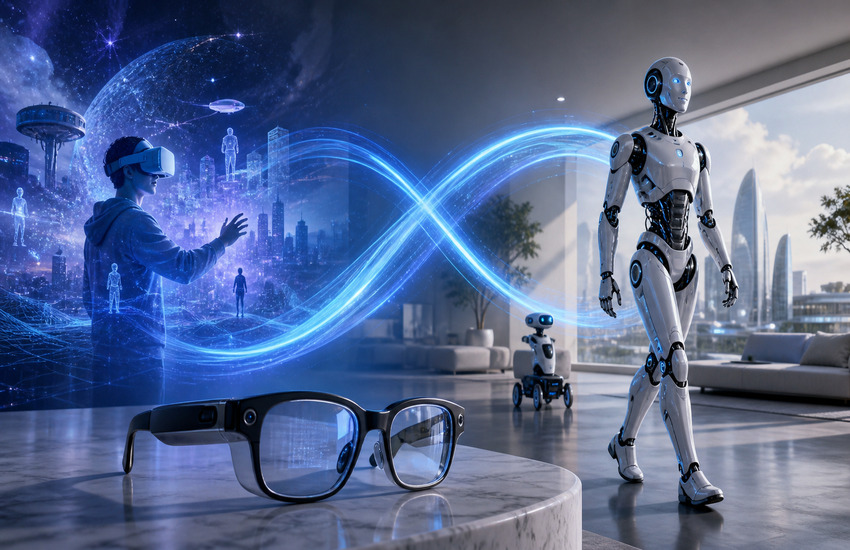 Meta AI concept showing smart glasses linking a virtual metaverse world to a humanoid robot in reality.