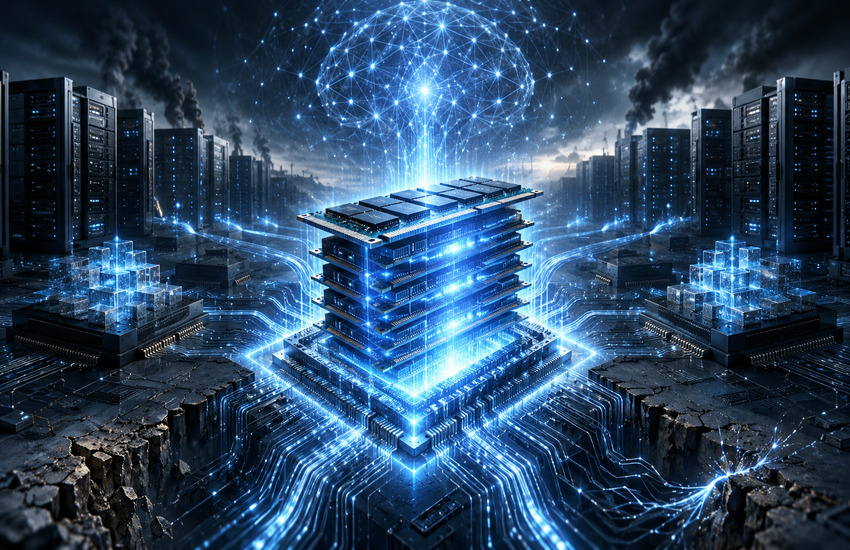 Glowing memory chip stack powering an AI data center, symbolizing Micron’s role in the AI memory bottleneck.