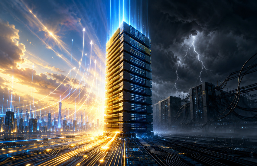 Metaphorical editorial image showing a glowing memory-chip tower between bullish AI infrastructure growth and stormy hyperscaler capex risk.