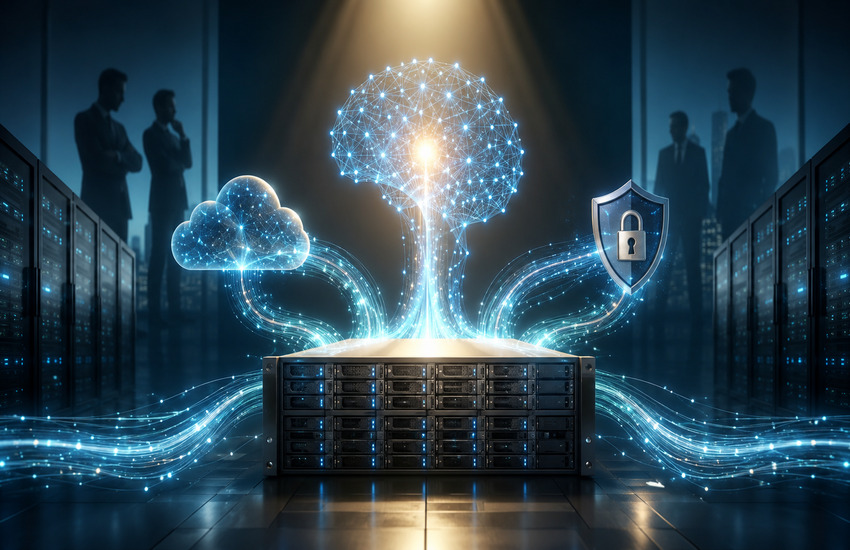 Metaphorical image of enterprise data infrastructure powering AI, cloud connectivity, and cybersecurity amid takeover speculation.