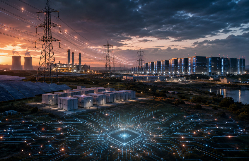 Futuristic power grid feeding data centers, symbolizing NextEra Energy’s AI electricity infrastructure opportunity.