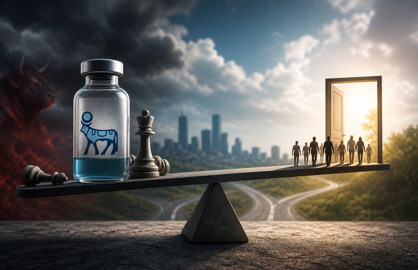 Conceptual balance showing pharmaceutical strategy tension between risk, pricing pressure, and future growth opportunity
