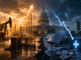 Metaphorical editorial image showing U.S. policy dividing energy winners from healthcare and solar market pressure.