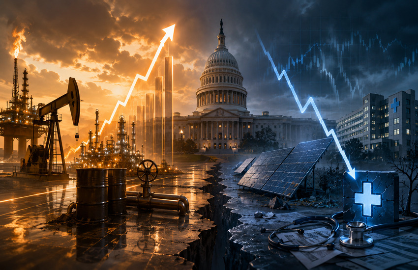 Metaphorical editorial image showing U.S. policy dividing energy winners from healthcare and solar market pressure.