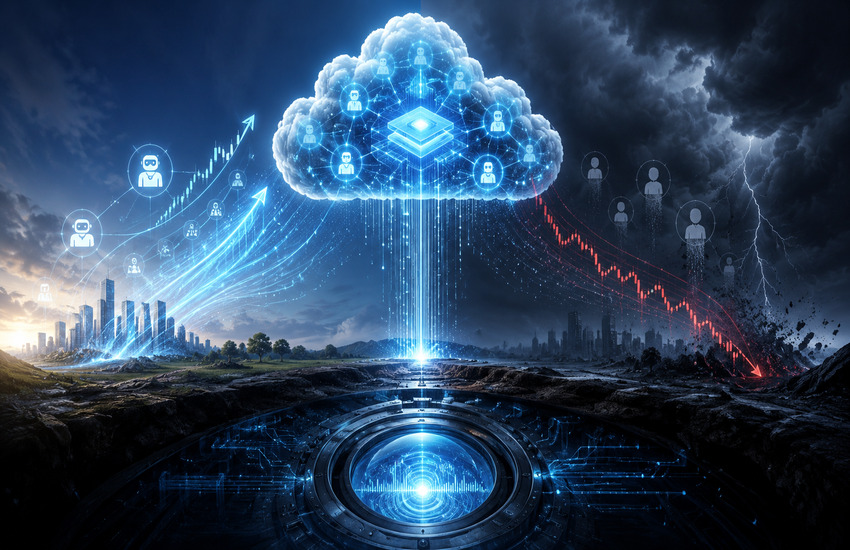Metaphorical editorial image showing Salesforce’s cloud AI platform split between growth signals and SaaS model pressure.
