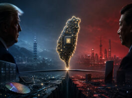 Trump and Xi face a glowing Taiwan-shaped microchip symbolizing geopolitical risk across AI semiconductor stocks.