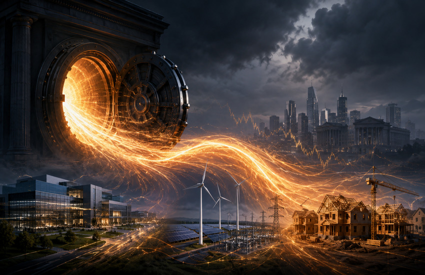 Open vault releasing golden market pressure across technology, utilities, and housing sectors amid rising bond yields