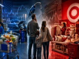 Walmart and Target retail contrast showing American consumers weighing essentials against discretionary spending pressures.