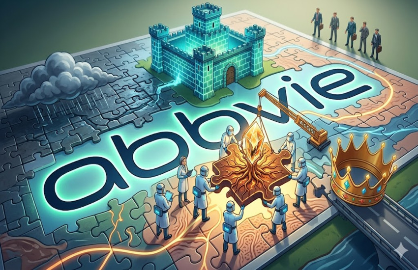Illustration of AbbVie’s immunology strategy with eczema research, pipeline growth, and a crown symbolizing market leadership.