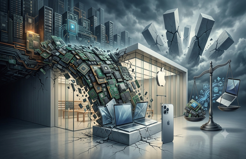 Metaphorical image of Apple devices, AI data centers, rising chip costs, and Mag 7 market pressure.