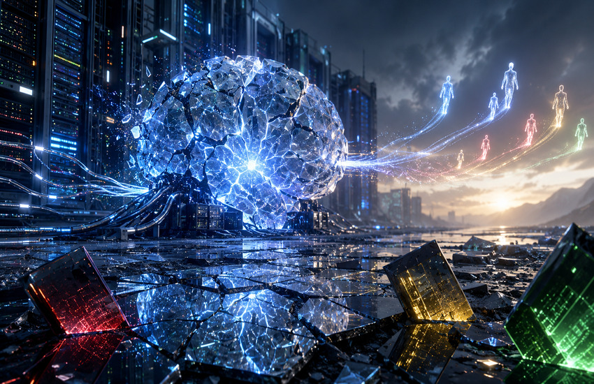 Cracked glowing AI brain connected to data centers with light trails and colored chips, symbolizing Alphabet’s AI talent risk.