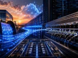 AI data center with glowing fiber optic cables connecting cloud infrastructure and server racks at sunset.