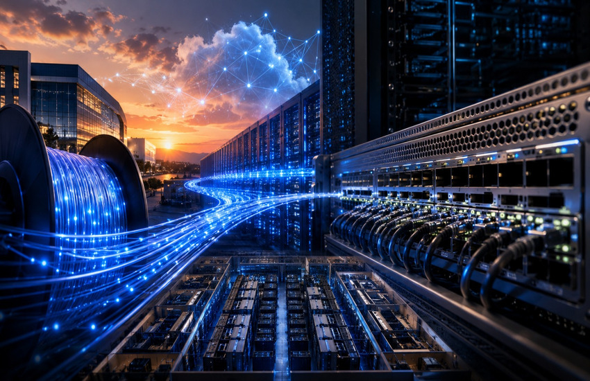AI data center with glowing fiber optic cables connecting cloud infrastructure and server racks at sunset.