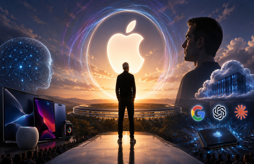 Tim Cook facing glowing Apple logo surrounded by AI, Siri, Gemini, OpenAI, cloud, and Apple devices.
