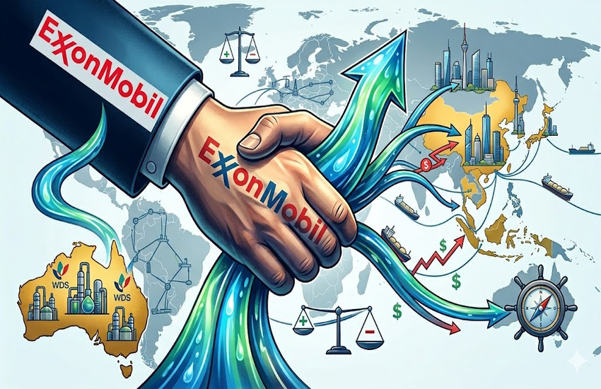 Metaphorical editorial image of Exxon and Woodside LNG strategy showing a handshake, global routes, Australia, and energy flows.