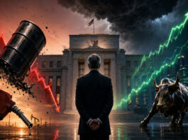 Metaphorical image showing the Federal Reserve between crashing oil prices, red market risk, and a bullish stock rally.