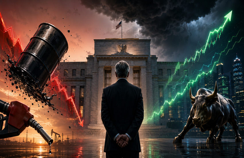 Metaphorical image showing the Federal Reserve between crashing oil prices, red market risk, and a bullish stock rally.