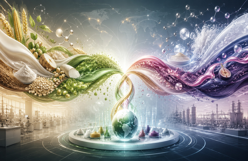 Metaphorical image of food ingredients, science, and global networks merging to represent Ingredion’s Tate & Lyle acquisition.
