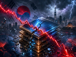 Cracked semiconductor chip over Seoul with a falling red market chart, Korean flag, lightning, and global risk map.