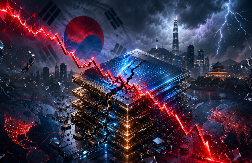 Cracked semiconductor chip over Seoul with a falling red market chart, Korean flag, lightning, and global risk map.