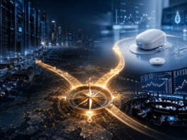 Metaphorical editorial image showing a glowing compass branching from AI infrastructure toward insulin delivery and derivatives trading.