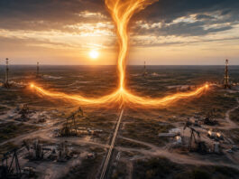 Metaphorical oilfield image showing energy streams converging across shale assets at sunset.