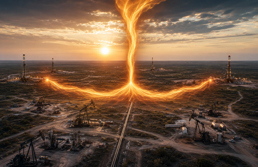 Metaphorical oilfield image showing energy streams converging across shale assets at sunset.