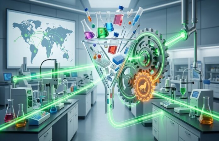 merck-bio-techne-lab-tools-synergies-cover-image Metaphorical lab with scientific tools flowing through gears, representing Merck’s Bio-Techne acquisition synergies.