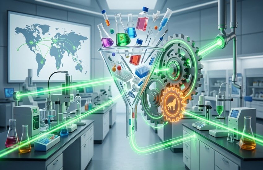 Metaphorical lab with scientific tools flowing through gears, representing Merck’s Bio-Techne acquisition synergies.
