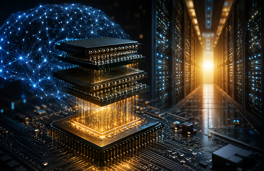 Stacked HBM memory chip powering AI data centers, symbolizing Micron’s earnings focus on memory supply constraints.