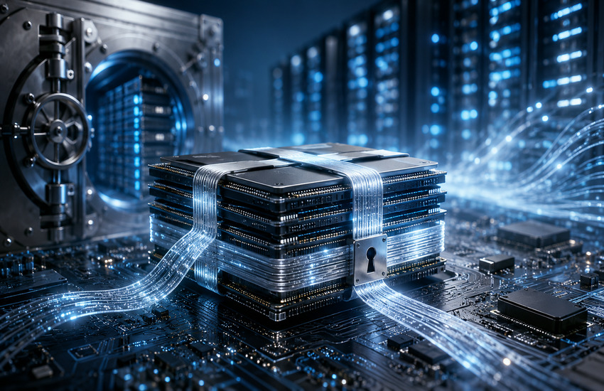 A secured stack of memory chips glowing on a circuit board, symbolizing Micron’s AI memory demand and customer commitments.