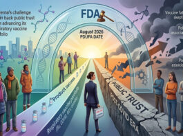 Metaphorical illustration of Moderna navigating FDA review, respiratory vaccine progress, and public trust challenges after COVID.