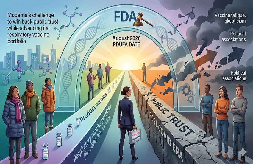 Metaphorical illustration of Moderna navigating FDA review, respiratory vaccine progress, and public trust challenges after COVID.