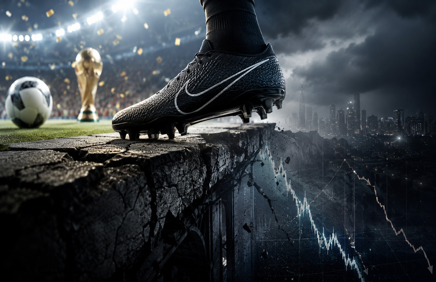 Metaphorical editorial image showing a soccer boot near a financial cliff as World Cup excitement masks Nike earnings risk.