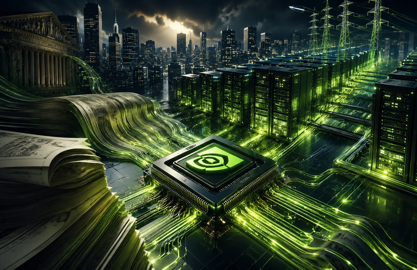 Metaphorical image of Nvidia’s AI chip powering data centers, Wall Street capital flows, and electric grid infrastructure.