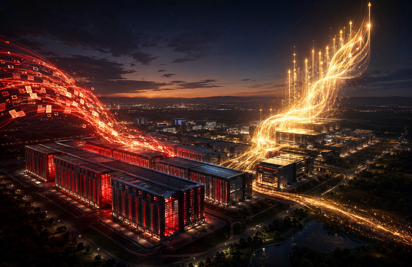 Futuristic Oracle-inspired data center with red data streams converting into golden financial growth signals.