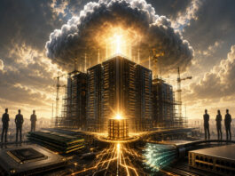 Metaphorical editorial image of Oracle’s AI infrastructure boom with data centers, cloud energy, chips, memory, and networking hardware.