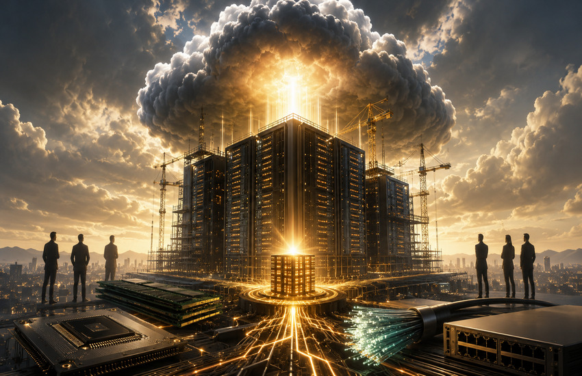 Metaphorical editorial image of Oracle’s AI infrastructure boom with data centers, cloud energy, chips, memory, and networking hardware.