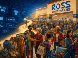 Metaphorical editorial image of Ross Stores drawing shoppers into physical stores while e-commerce icons fade in the background.