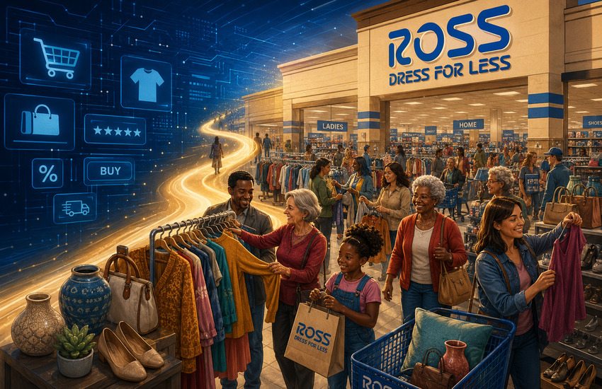 Metaphorical editorial image of Ross Stores drawing shoppers into physical stores while e-commerce icons fade in the background.