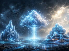 Metaphorical editorial image showing AI-powered enterprise cloud platforms pushing back storm clouds around software disruption.