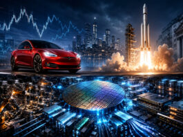 Metaphorical editorial image showing Tesla, a SpaceX rocket, market charts, semiconductors, and AI infrastructure.